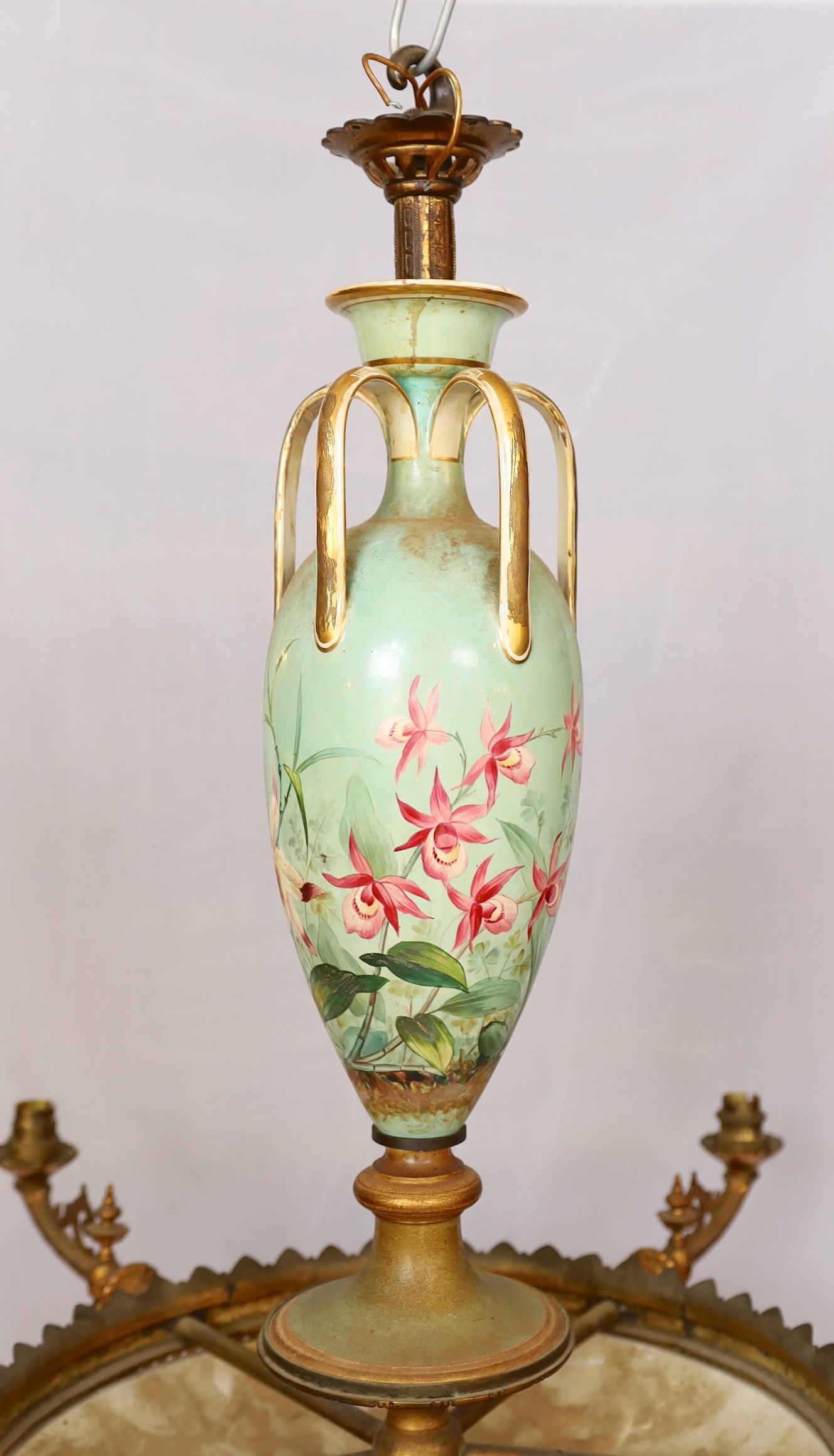 A Victorian ormolu mounted Doulton faience gasolier decorated with orchids on a bleu celeste ground, converted to electricity, drop 60cm. width 80 cm